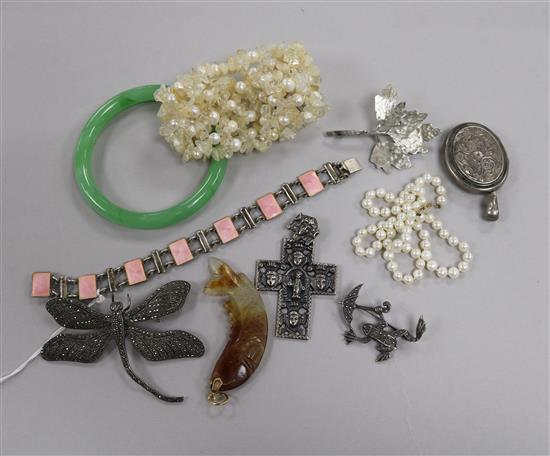 A Scandinavian silver and enamel bracelet, a late Victorian silver locket and other items of jewellery.